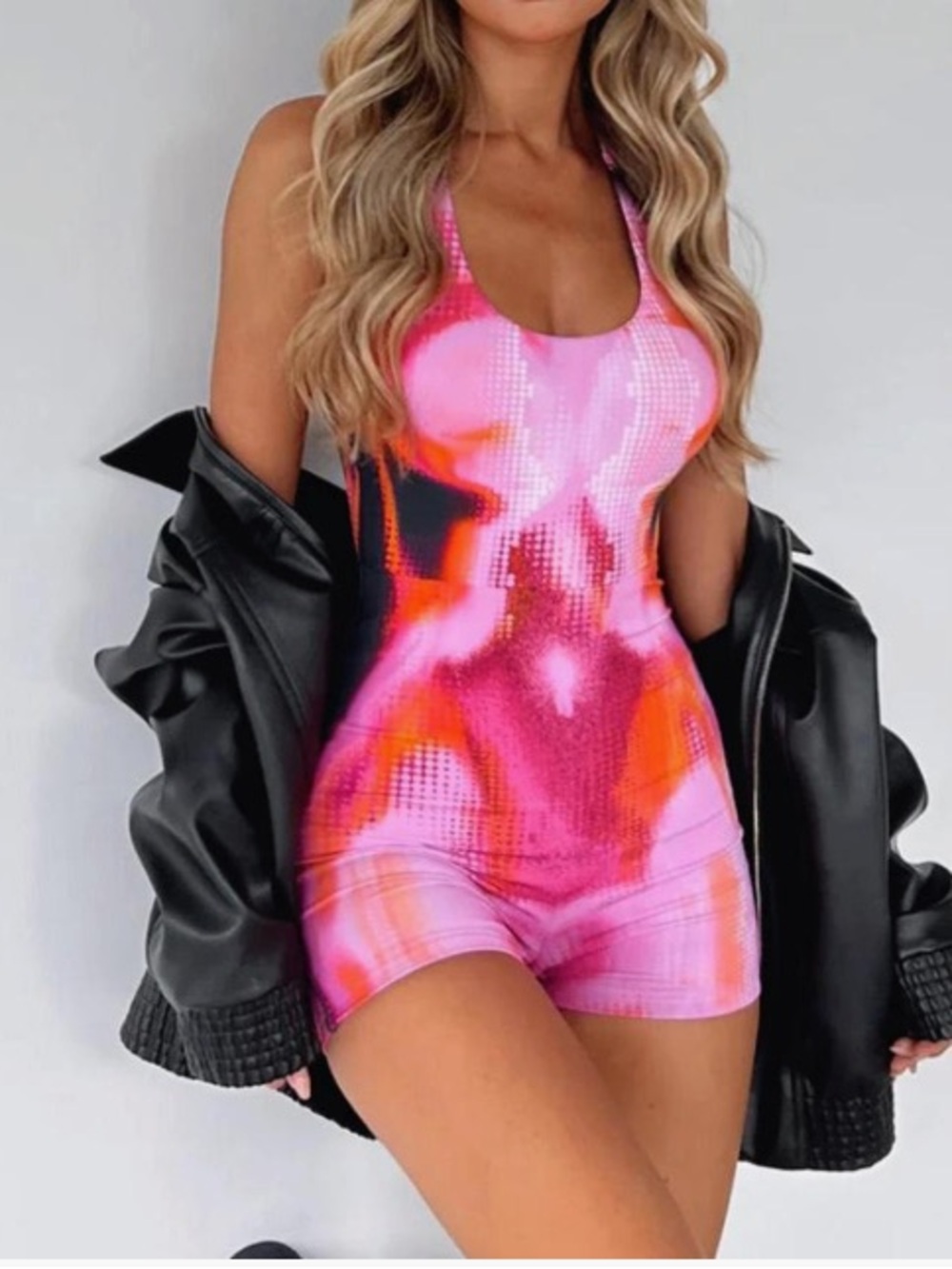 White Fox Boutique Pink & Orange Tie-Dye Racerback Bodysuit Romper